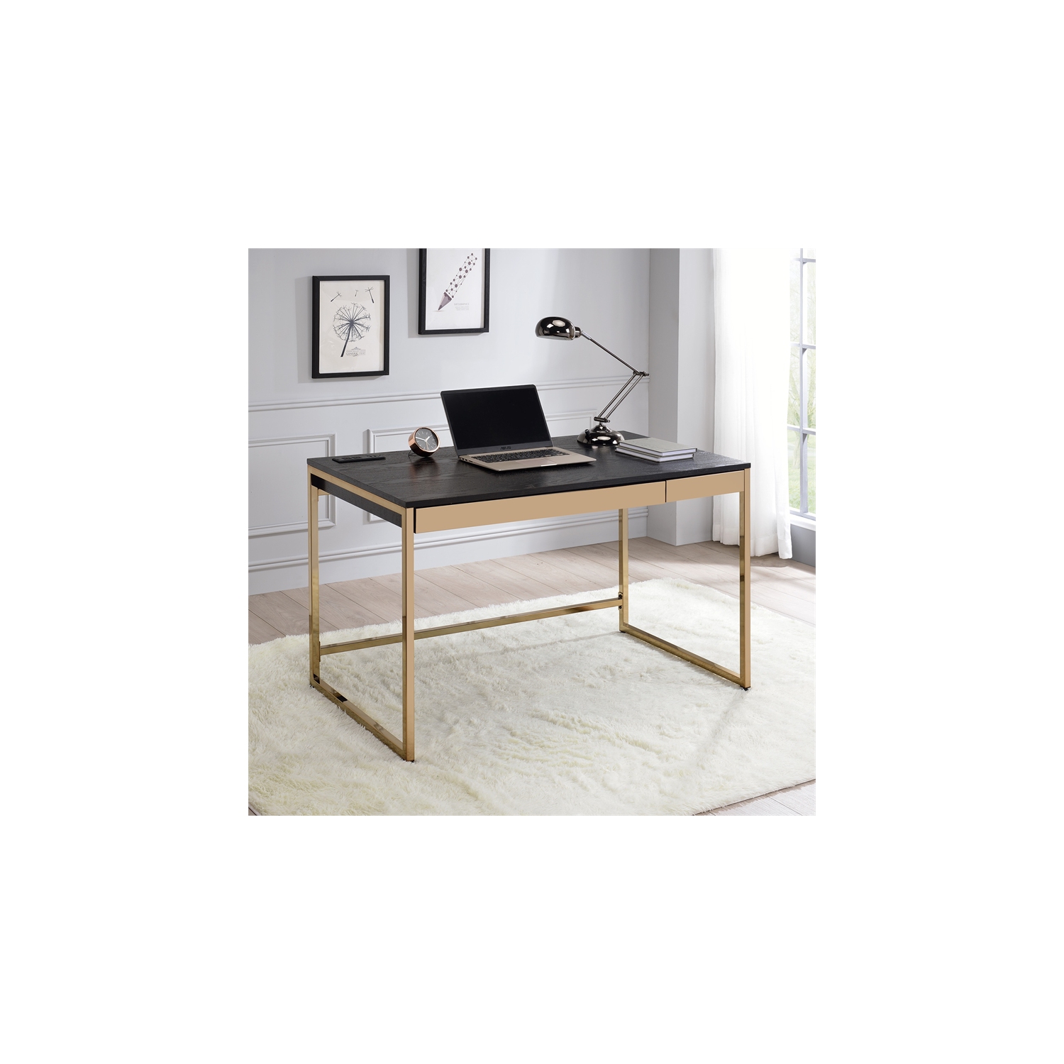 Furniture of America Abair Metal Writing Desk with USB Port in Black
