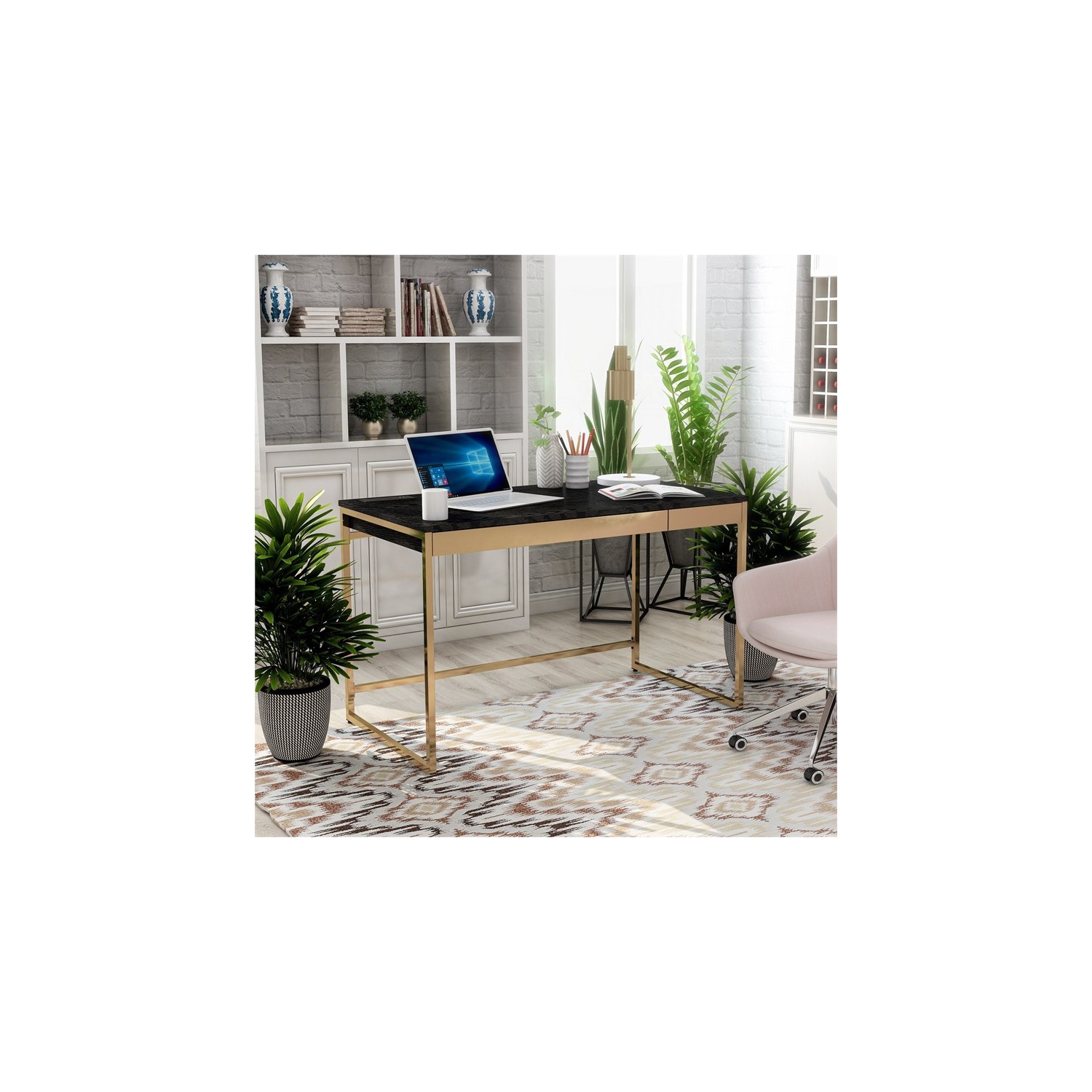 Furniture of America Abair Metal Writing Desk with USB Port in Black