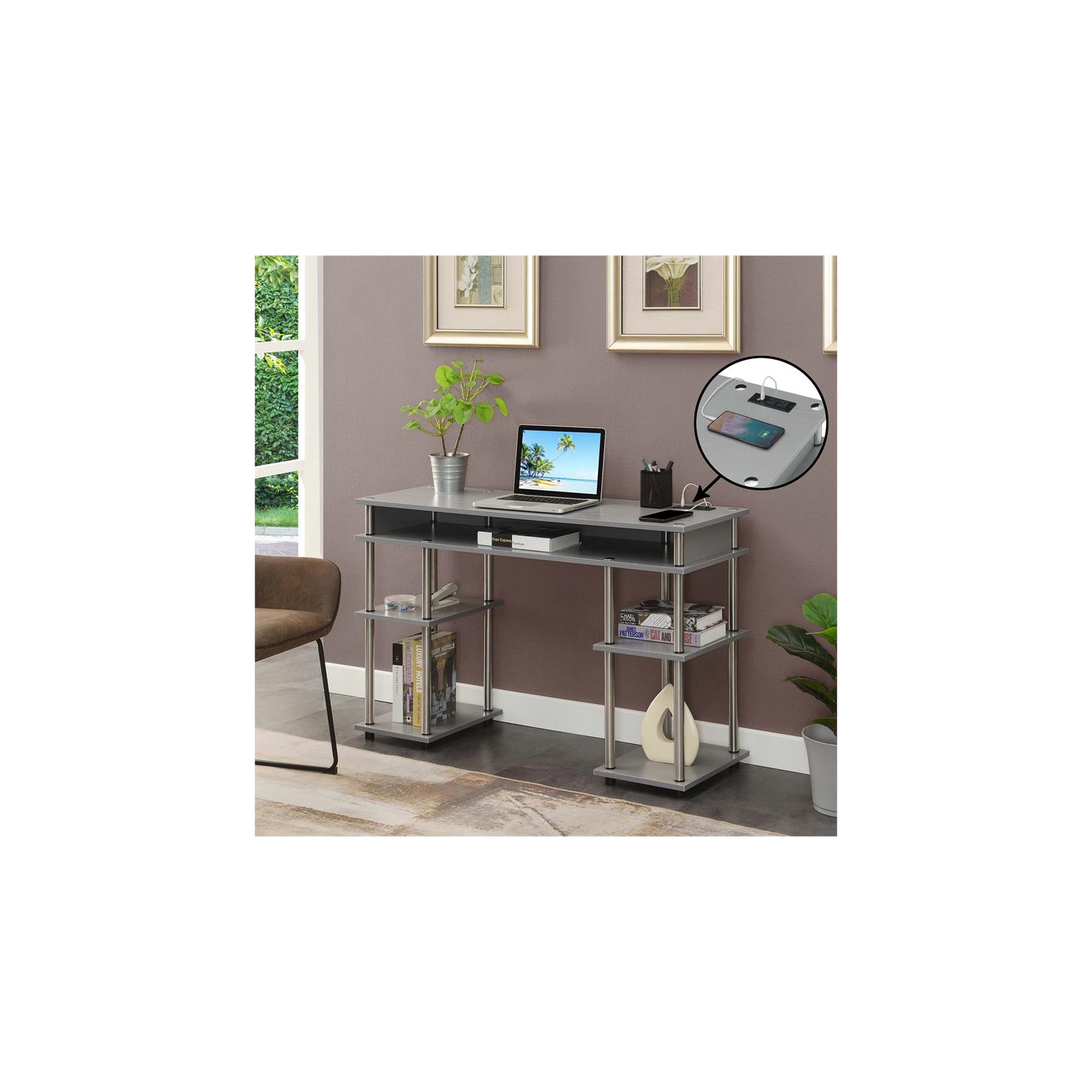 Pemberly Row Student Desk with Charging Station in Gray Wood Finish