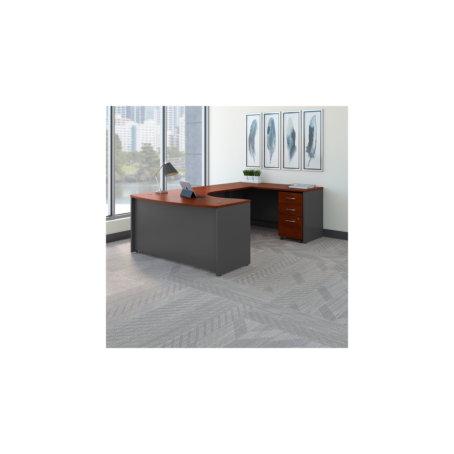 Series C Right Hand Bow U-Shaped Desk with Mobile File Cabinet in Hansen Cherry