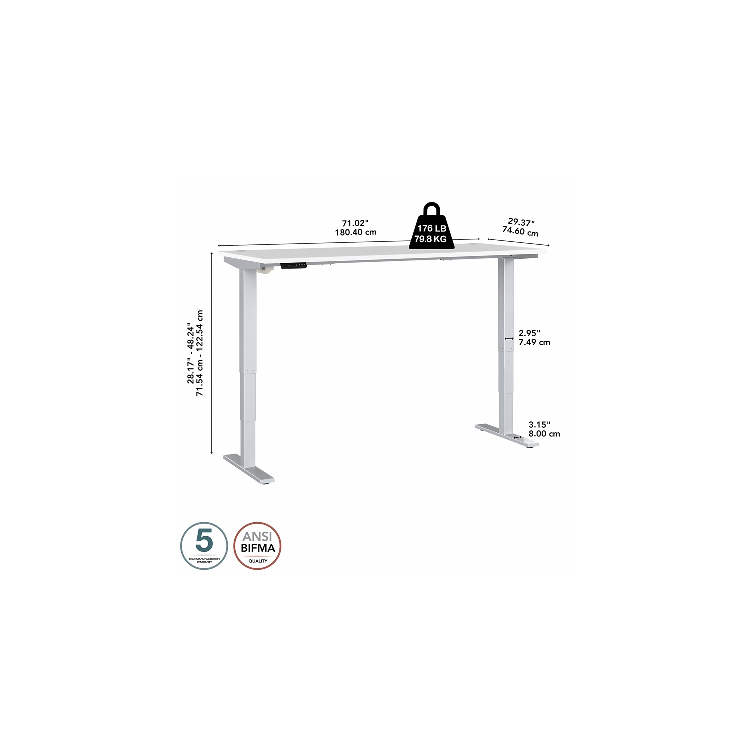 Bureau à hauteur réglable de 72 po de largeur série 40 Move, blanc - bois d’ingénierie