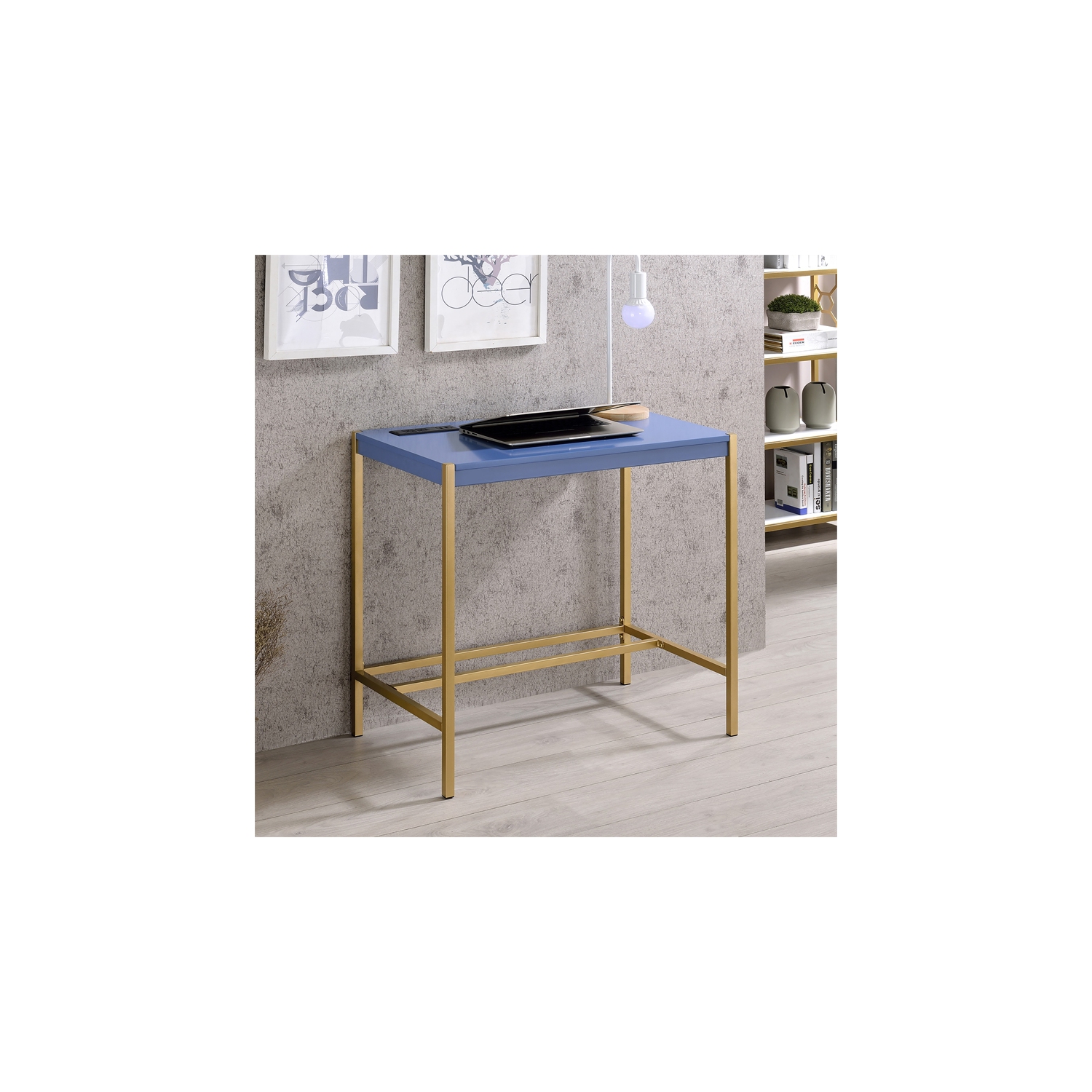 Furniture of America Grae Wood Writing Desk with USB Port in Blue