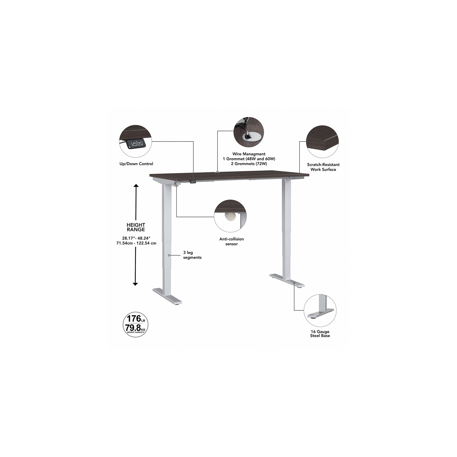 Bureau 48 po de largeur à hauteur réglable série 40 Move, gris tempête, bois d’ingénierie