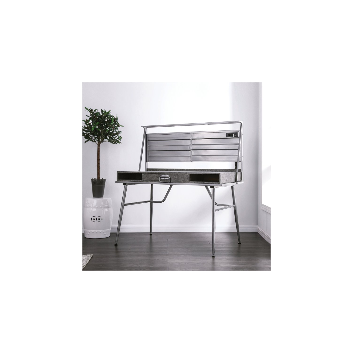 Bureau industriel en métal à 2 tablettes avec USB de Furniture of America Jaime