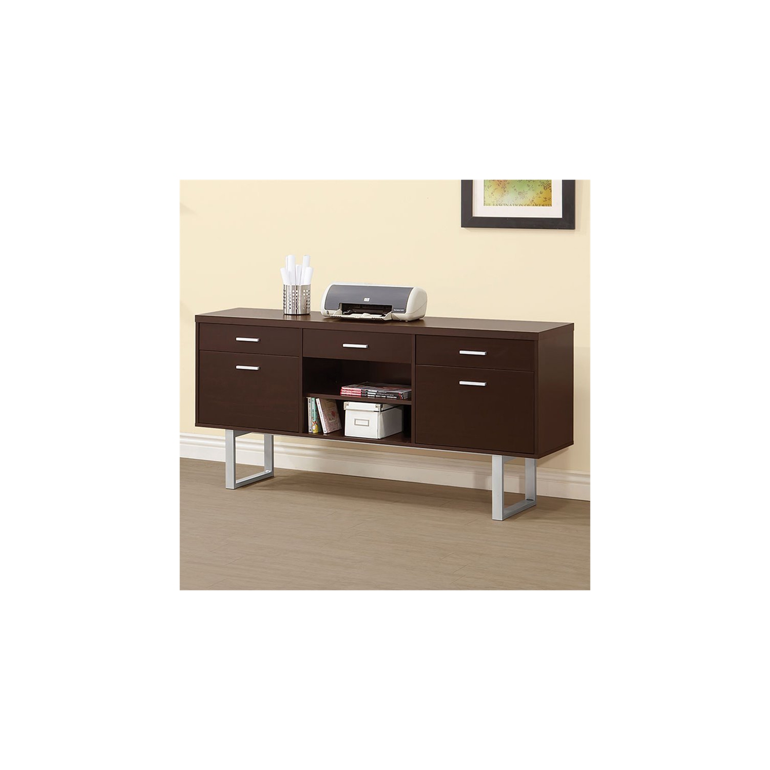 Bowery Hill 5 Drawer Credenza Desk in Cappuccino