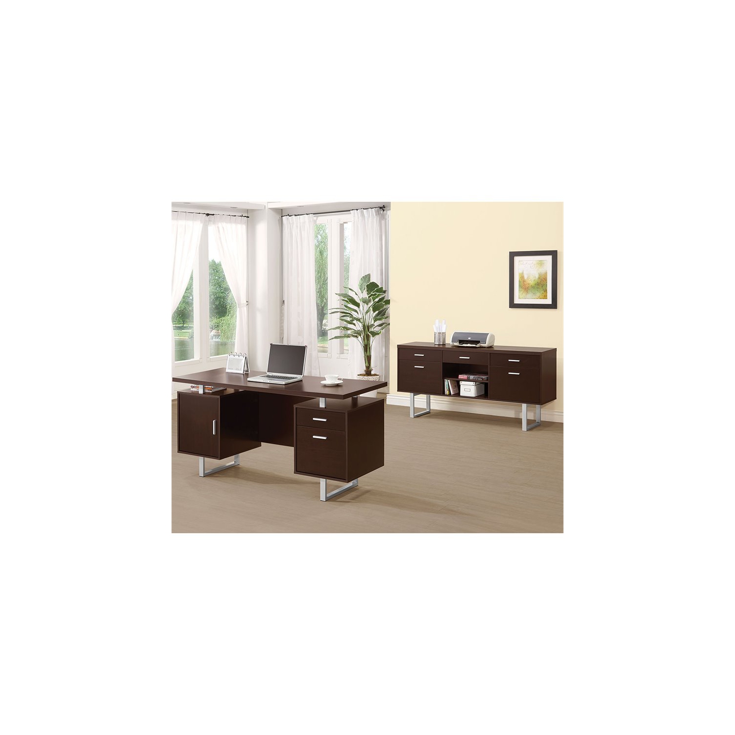 Bowery Hill 5 Drawer Credenza Desk in Cappuccino