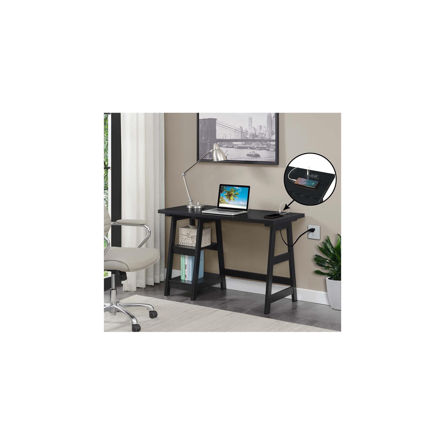 Bureau à tréteaux Designs2Go avec station de chargement, fini bois noir