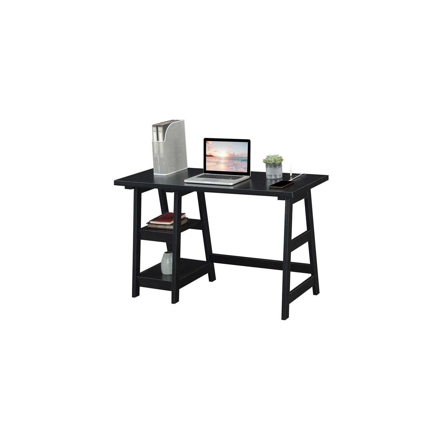 Bureau à tréteaux Designs2Go avec station de chargement, fini bois noir