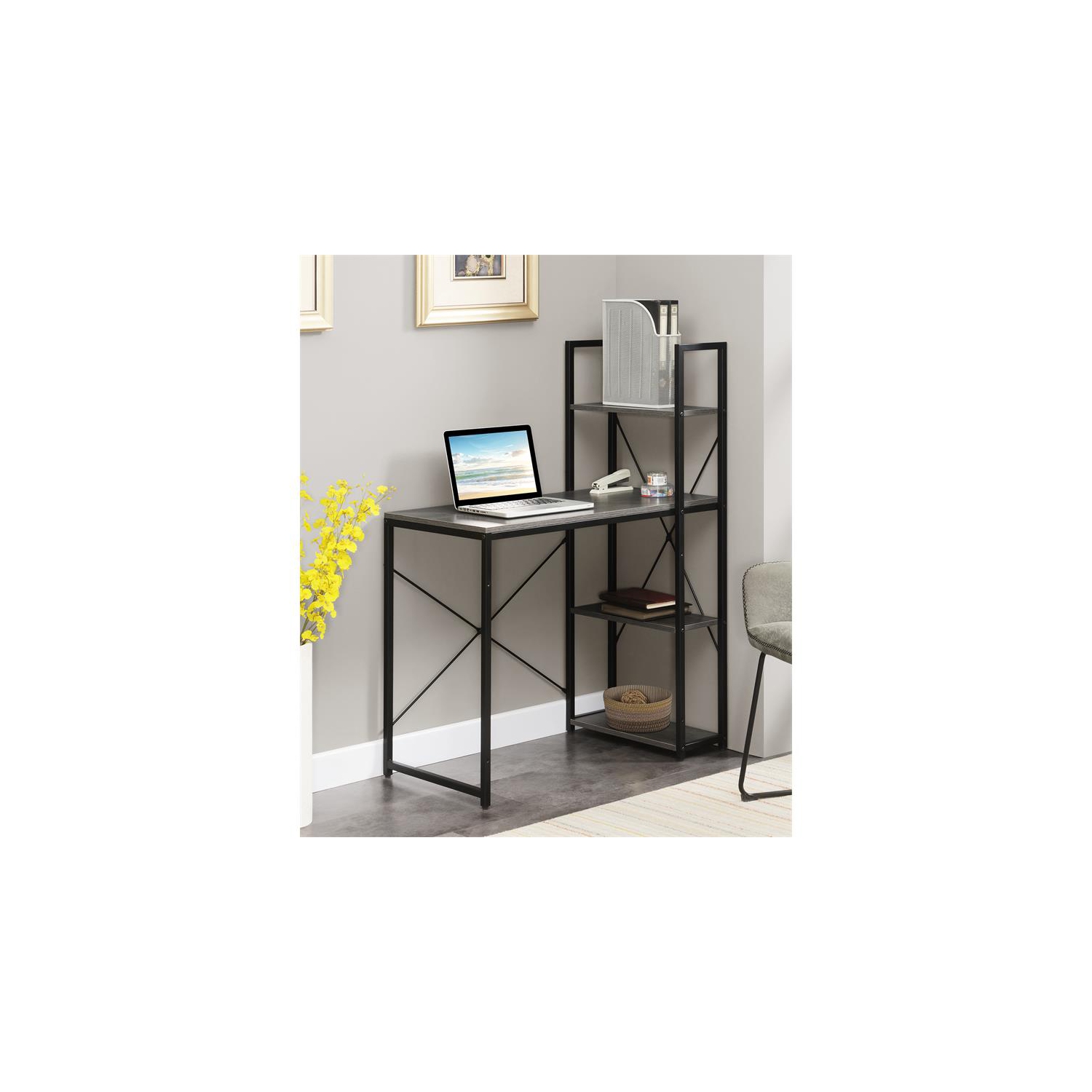 Convenience Concepts Designs2Go Office Workstation with Shelves in Gray Wood