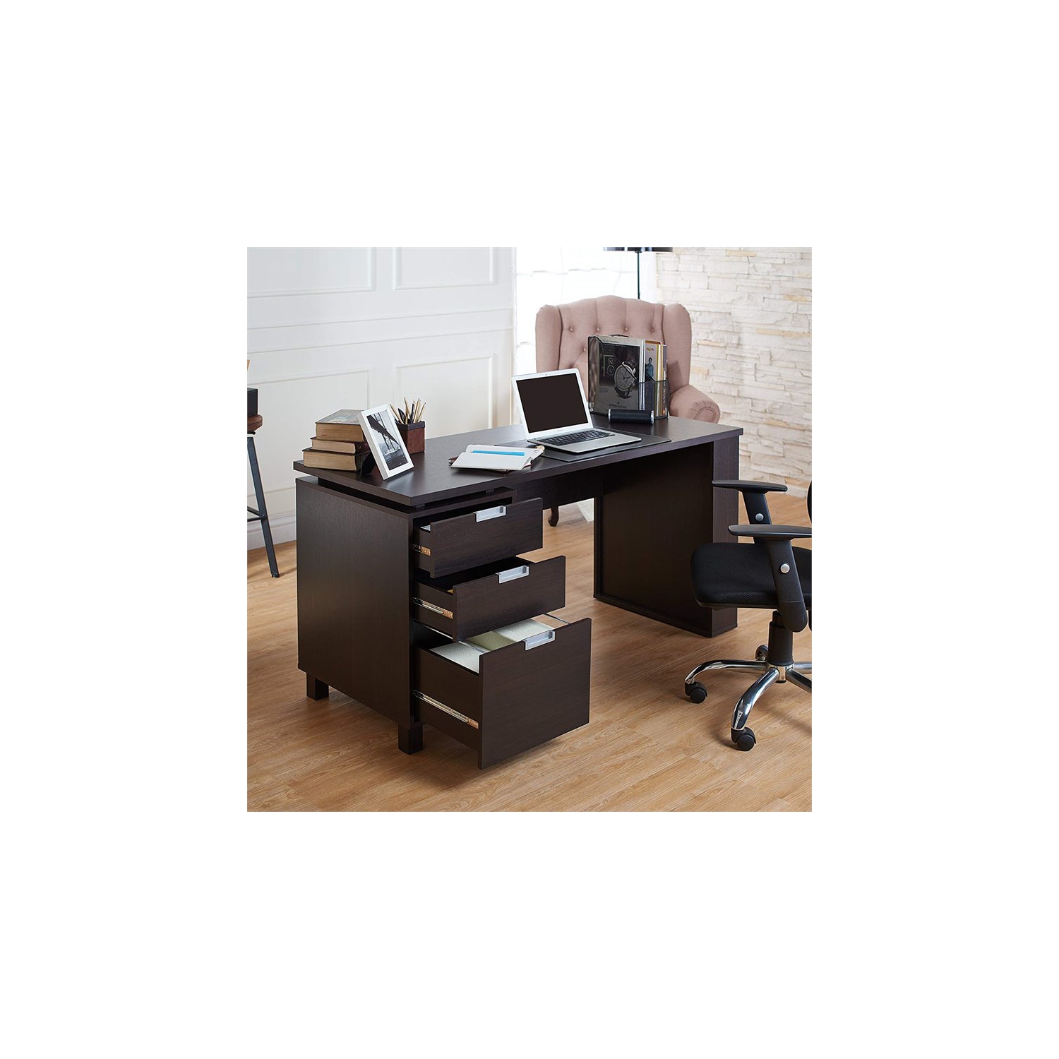 Pemberly Row Home Office Writing Desk with Built in Filing Cabinet in Espresso