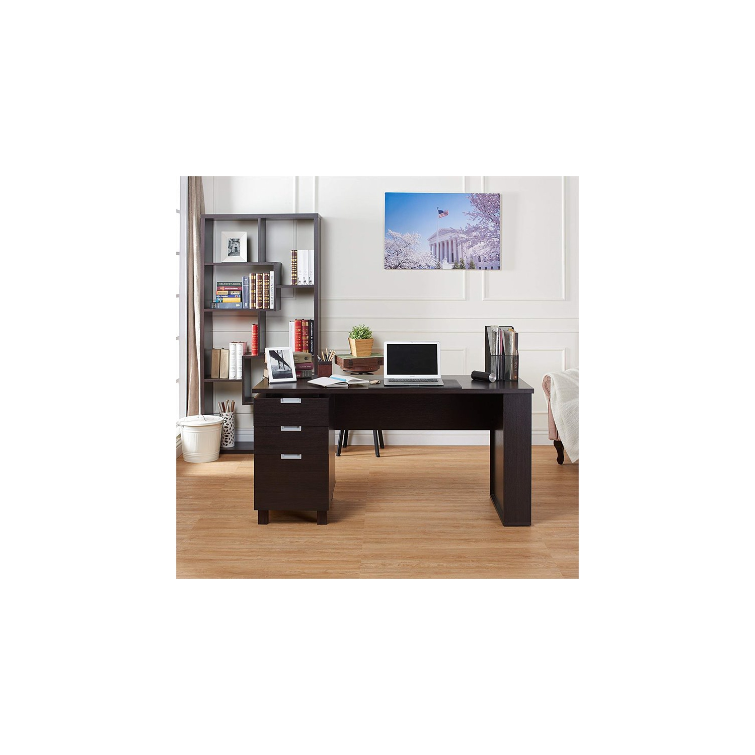 Pemberly Row Home Office Writing Desk with Built in Filing Cabinet in Espresso