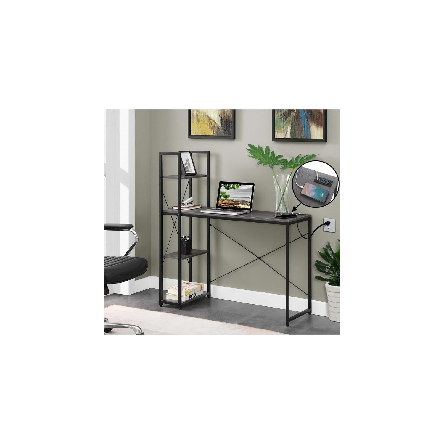 Poste de travail Designs2Go avec station de chargement et tablettes en bois gris