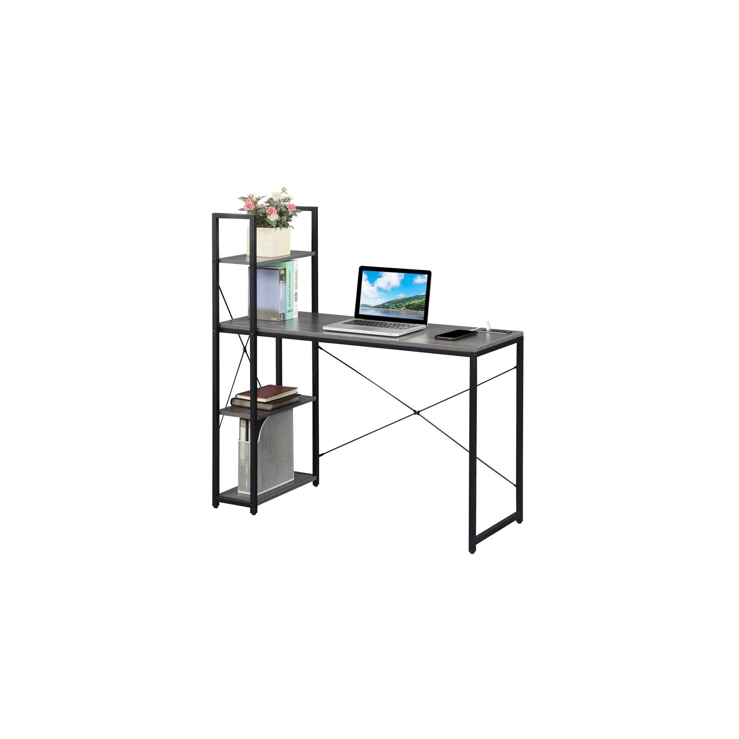 Poste de travail Designs2Go avec station de chargement et tablettes en bois gris