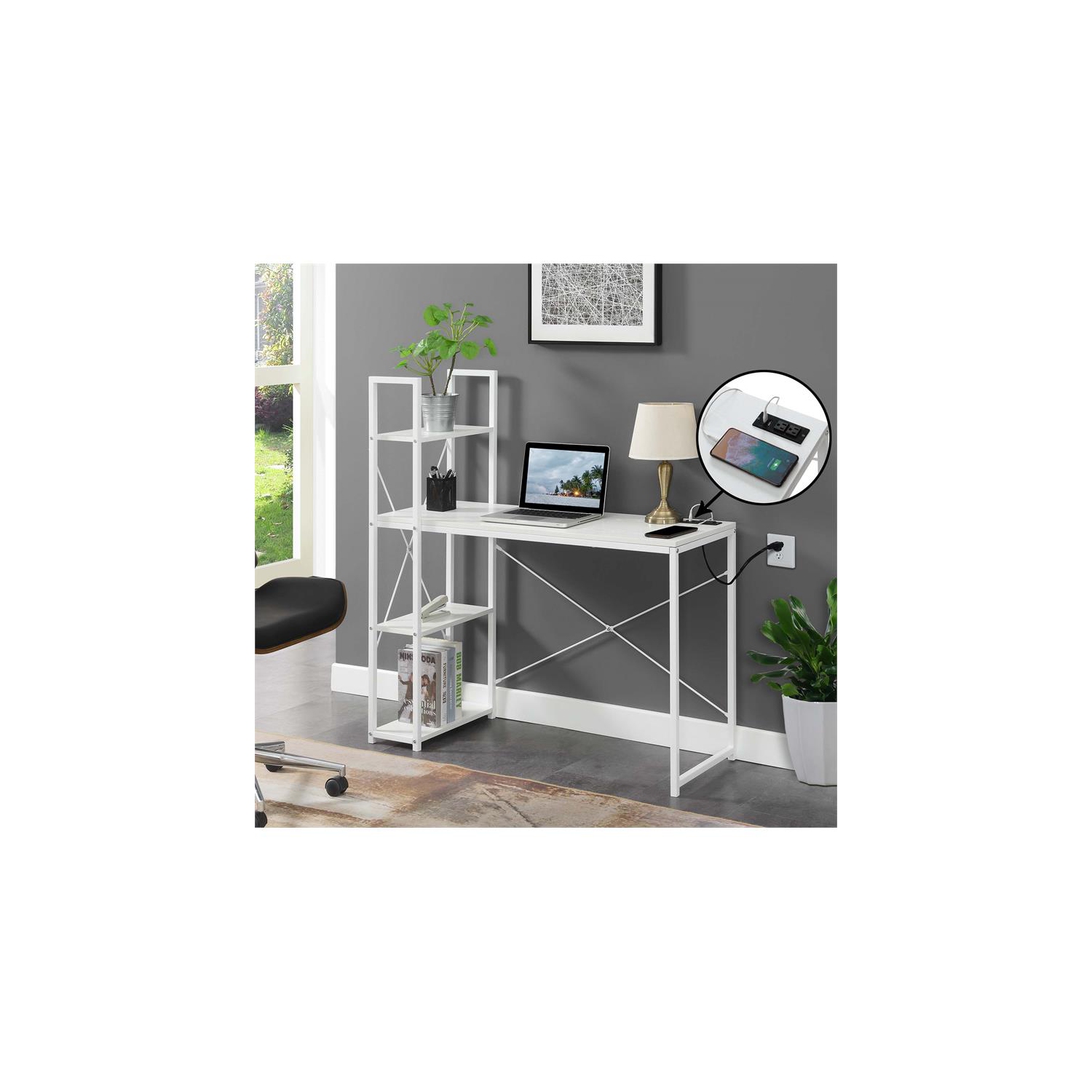 Designs2Go Office Workstation with Charging Station and Shelves in White Wood