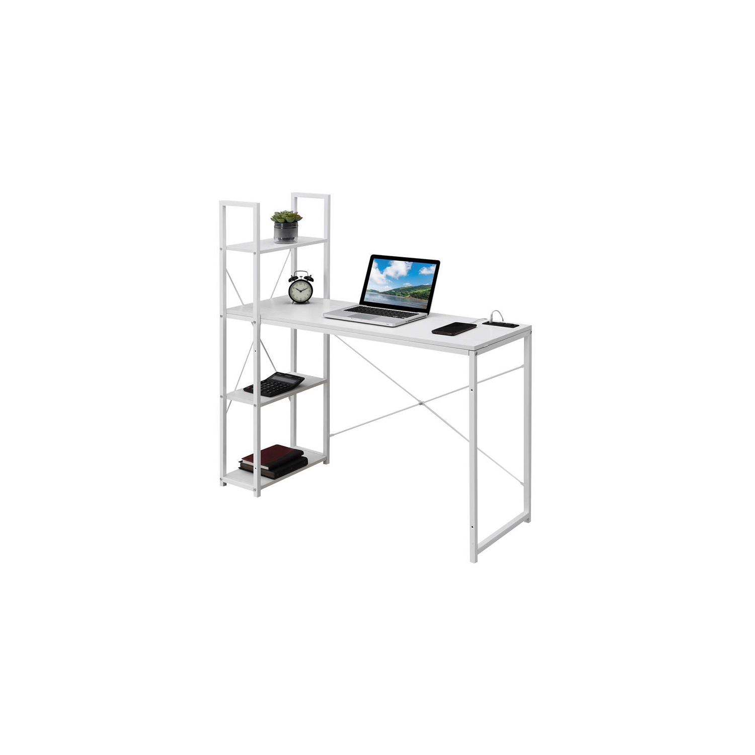Designs2Go Office Workstation with Charging Station and Shelves in White Wood