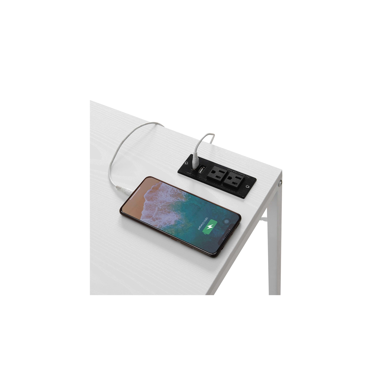 Designs2Go Office Workstation with Charging Station and Shelves in White Wood