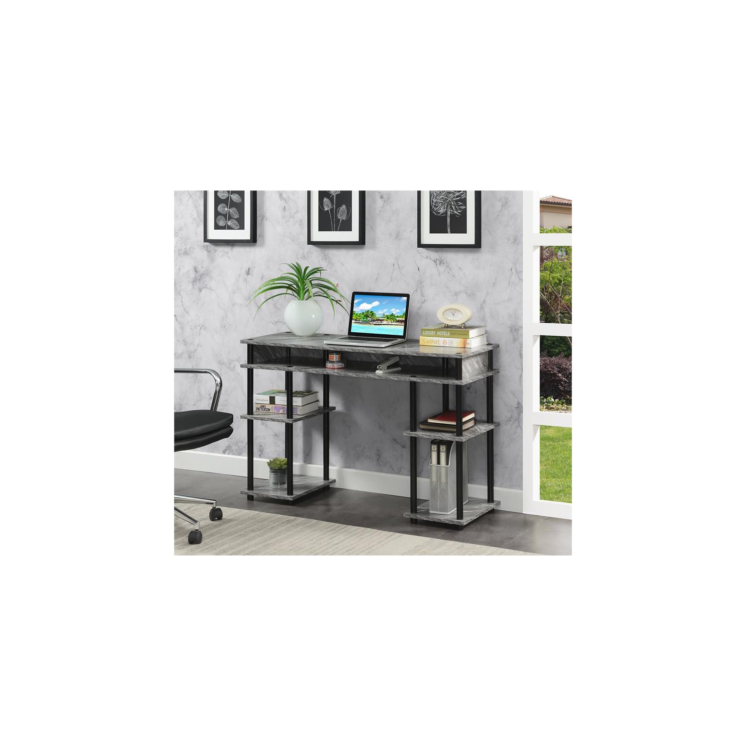 Designs2Go No-Tools Student Desk with Shelves in Gray Faux Marble Wood Finish