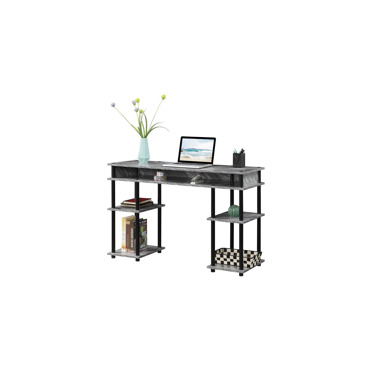 Designs2Go No-Tools Student Desk with Shelves in Gray Faux Marble Wood Finish