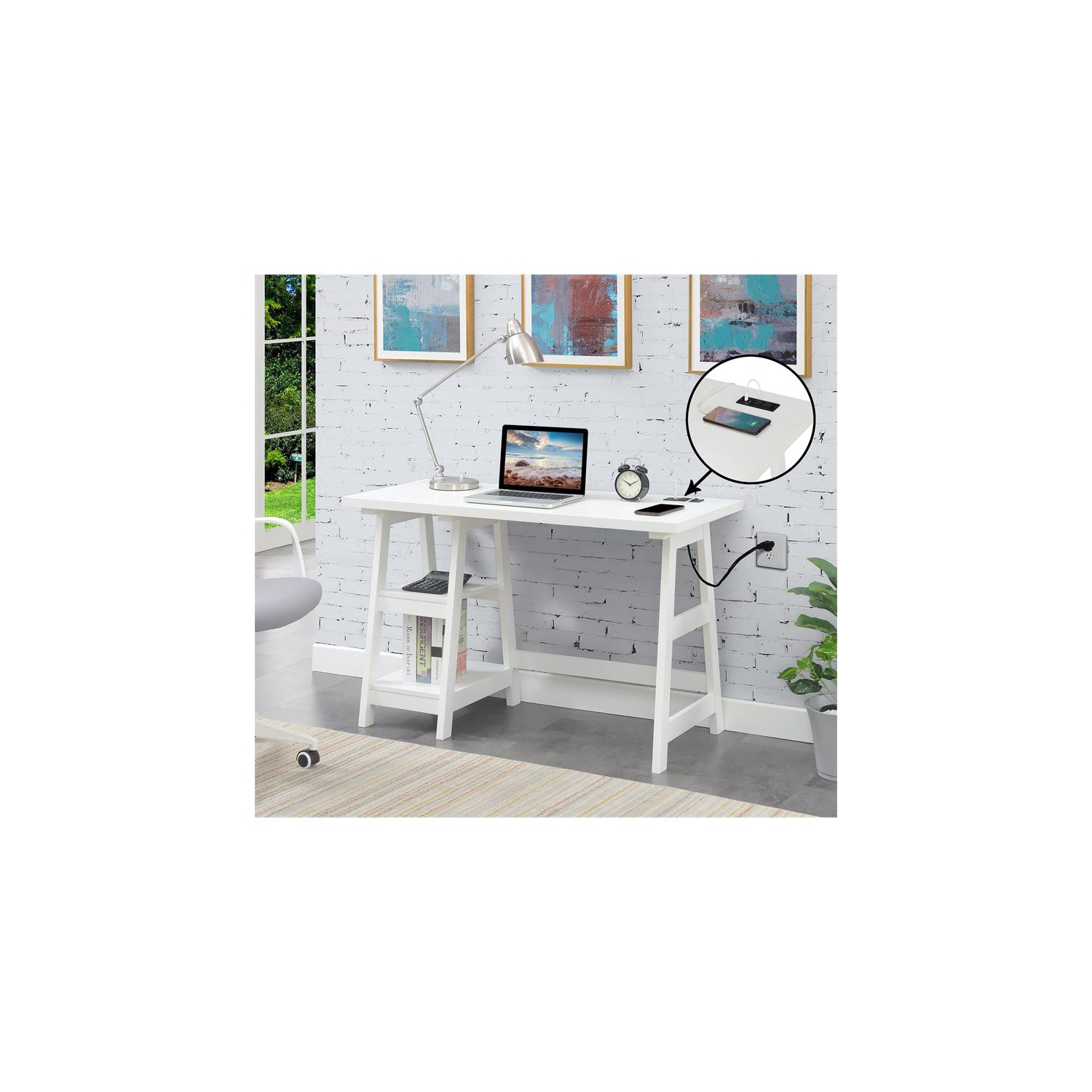 Designs2Go Trestle Desk with Charging Station in White Wood Finish