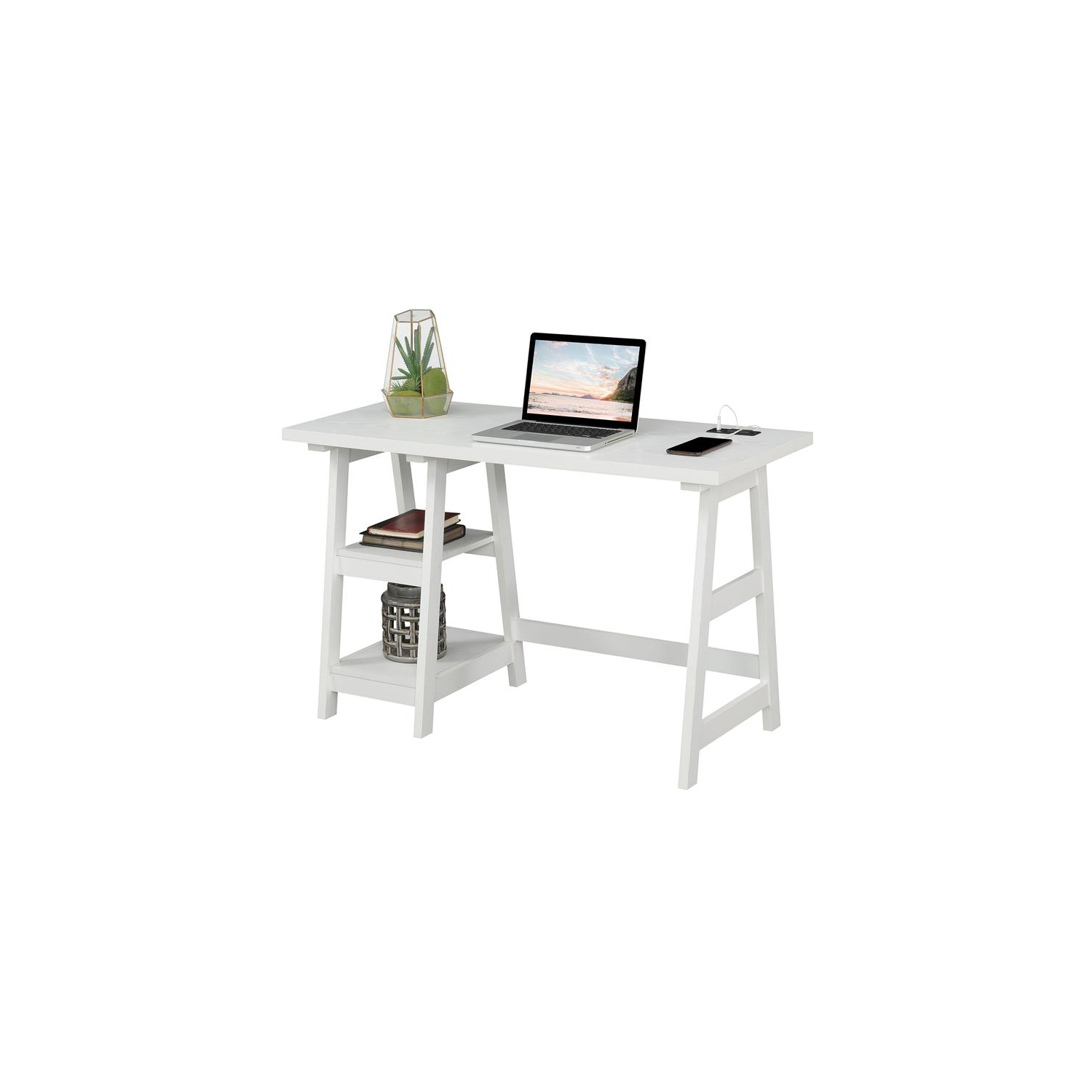 Designs2Go Trestle Desk with Charging Station in White Wood Finish