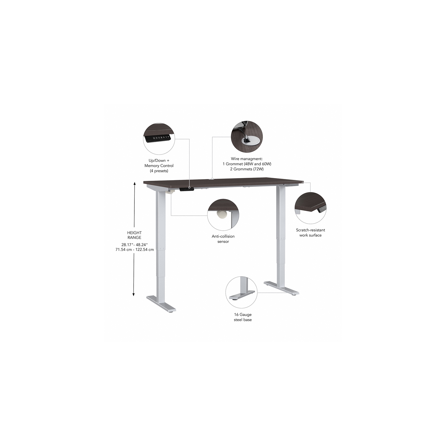 Bureau à hauteur réglable de 60 po de largeur série Move 40, gris tempête, bois d’ingénierie