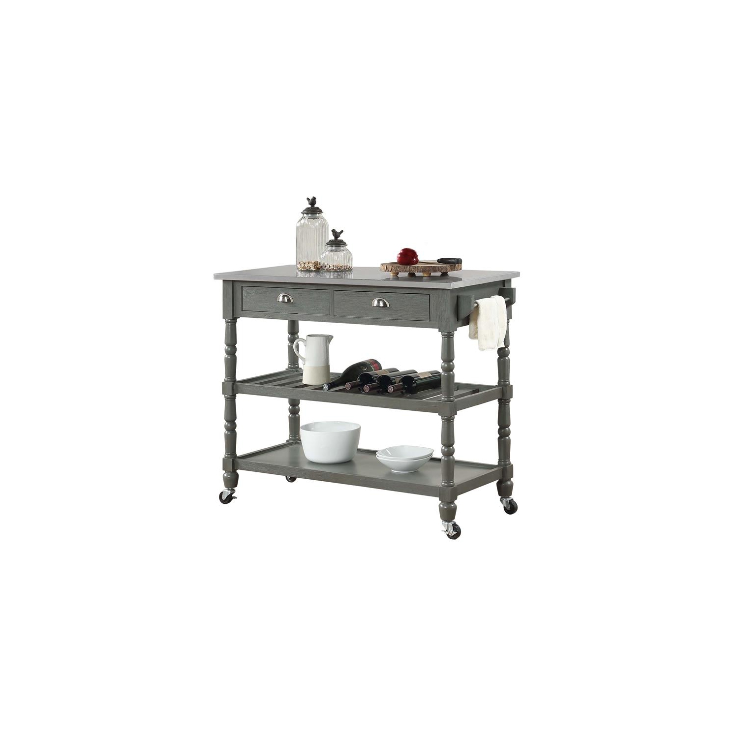 Convenience Concepts French Country Stainless Steel Top Kitchen Cart- Gray Wood