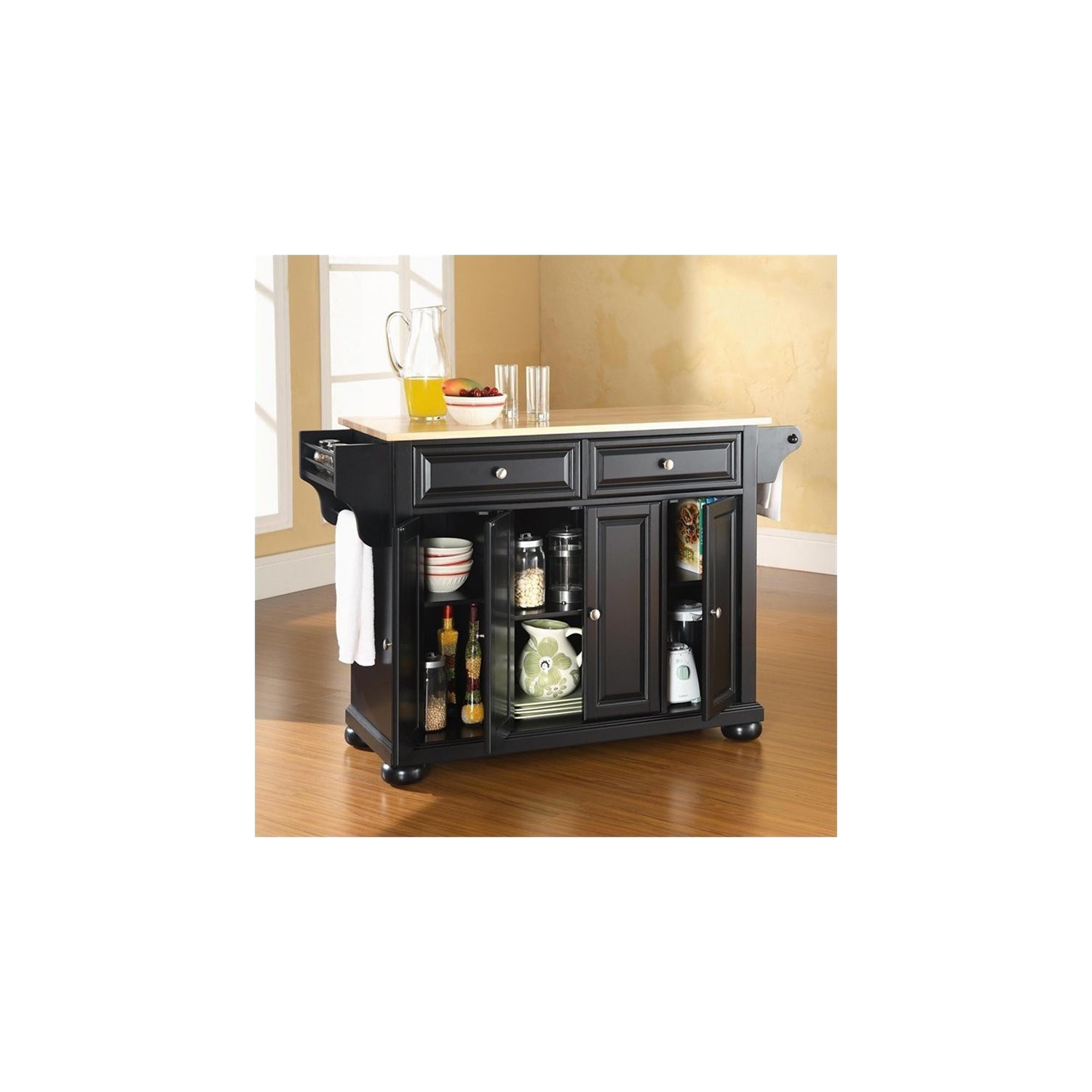 Pemberly Row Natural Wood Top Kitchen Island in Black