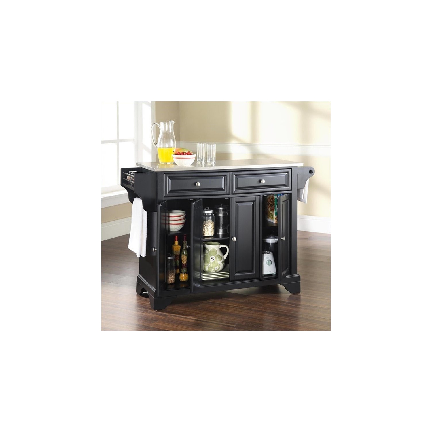 Pemberly Row Stainless Steel Top Kitchen Island in Black