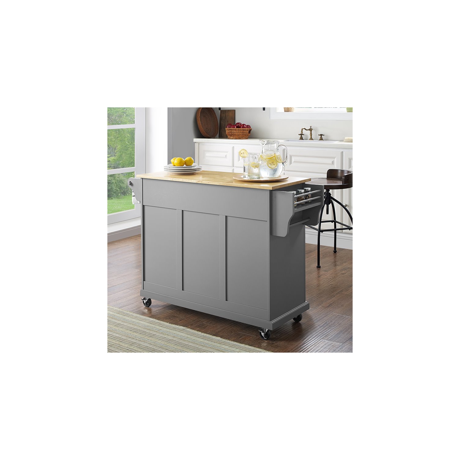 Crosley Natural Wood Top Kitchen Cart in Gray