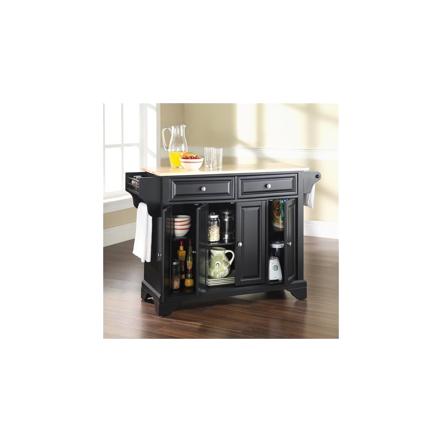 Pemberly Row Natural Wood Top Kitchen Island in Black