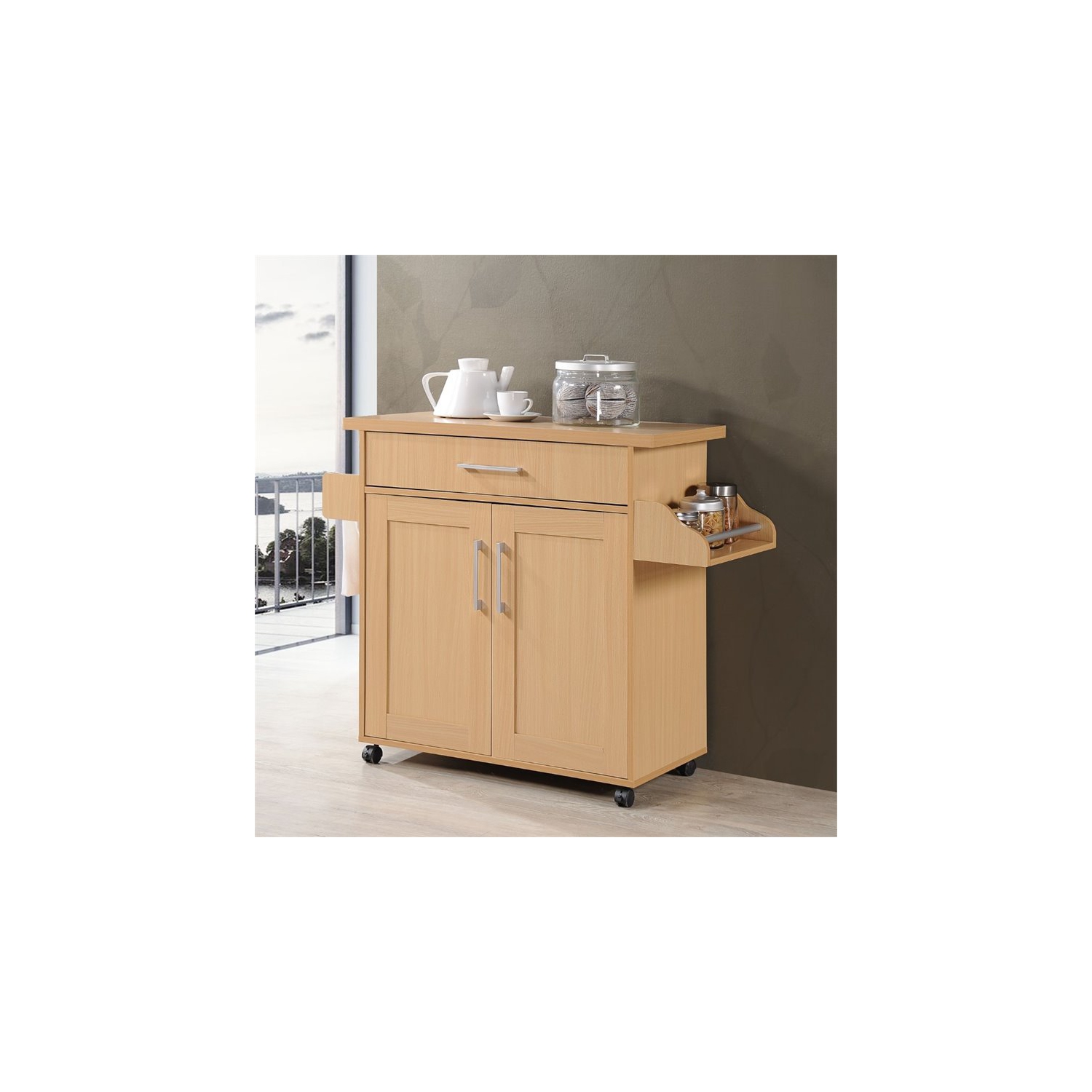 Pemberly Row Kitchen Island with Spice Rack in Beech