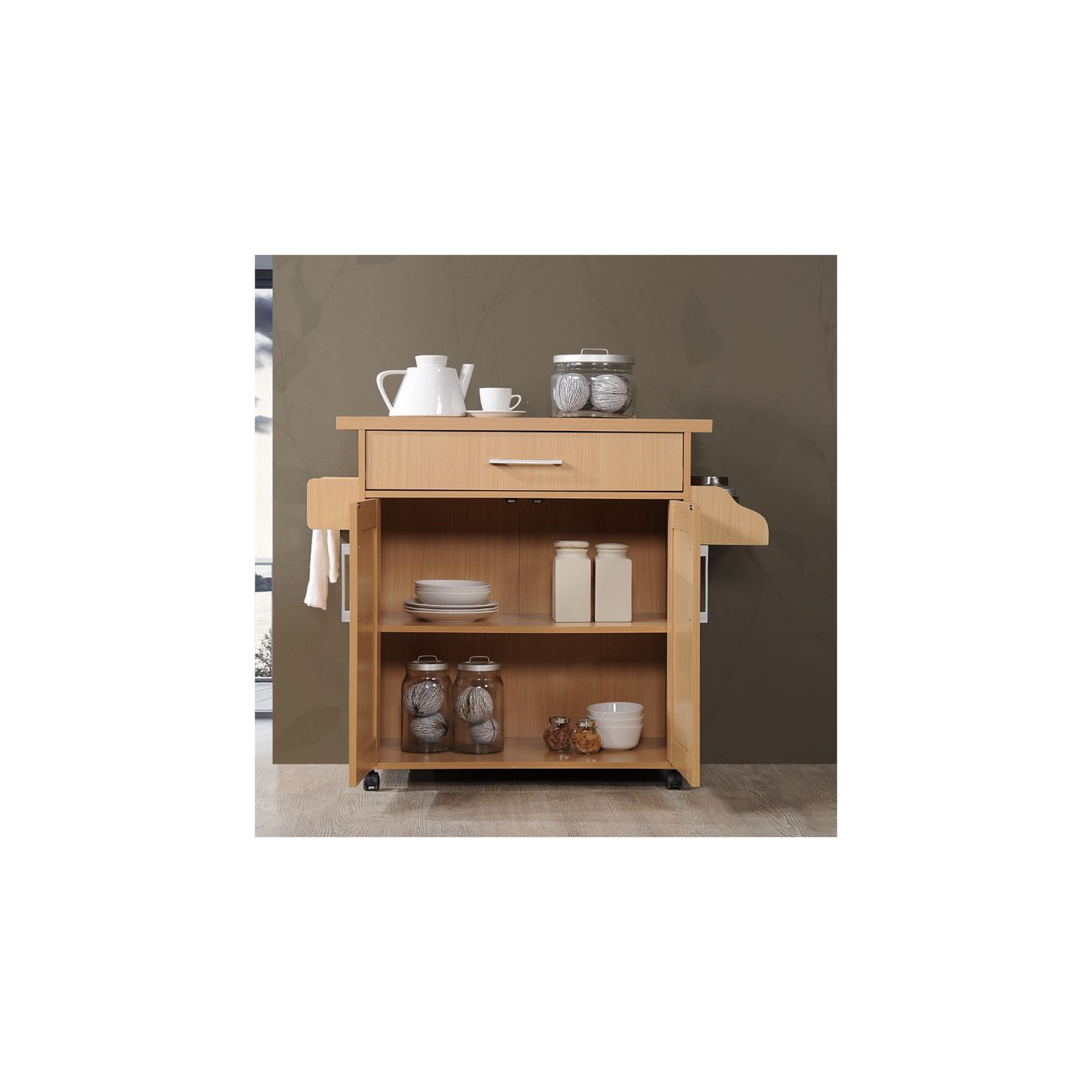 Pemberly Row Kitchen Island with Spice Rack in Beech
