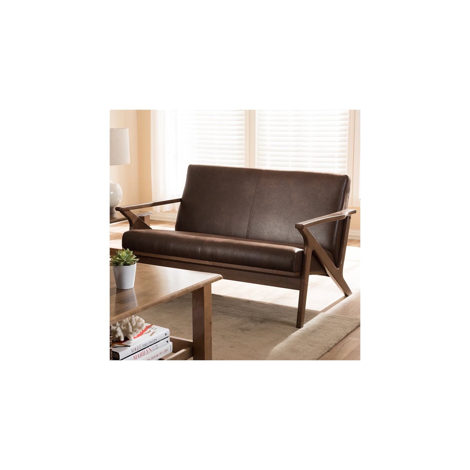 Baxton Studio Bianca Faux Leather Loveseat in Brown and Walnut Brown