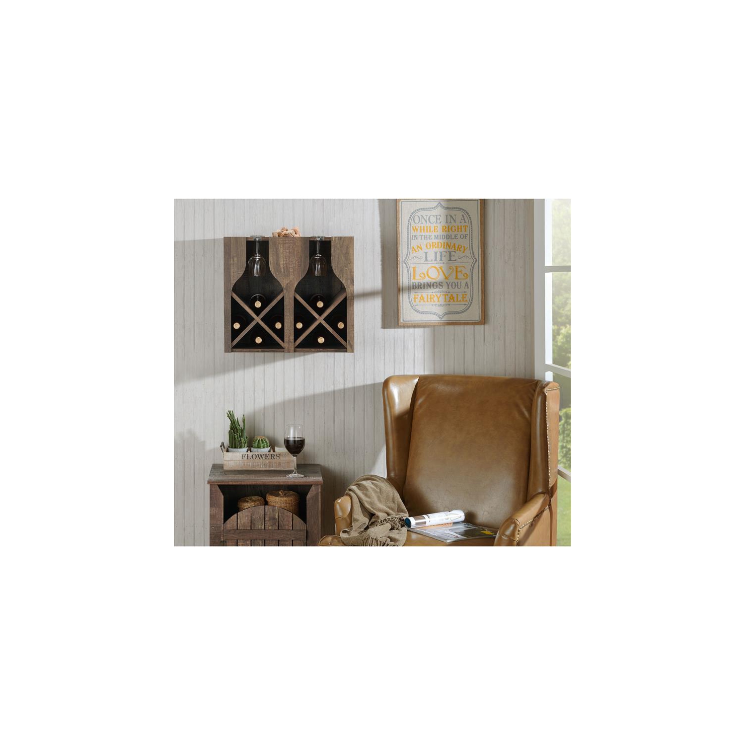 Furniture of America Sacha Wood 8-Bottle Hanging Wine Rack in Reclaimed Oak