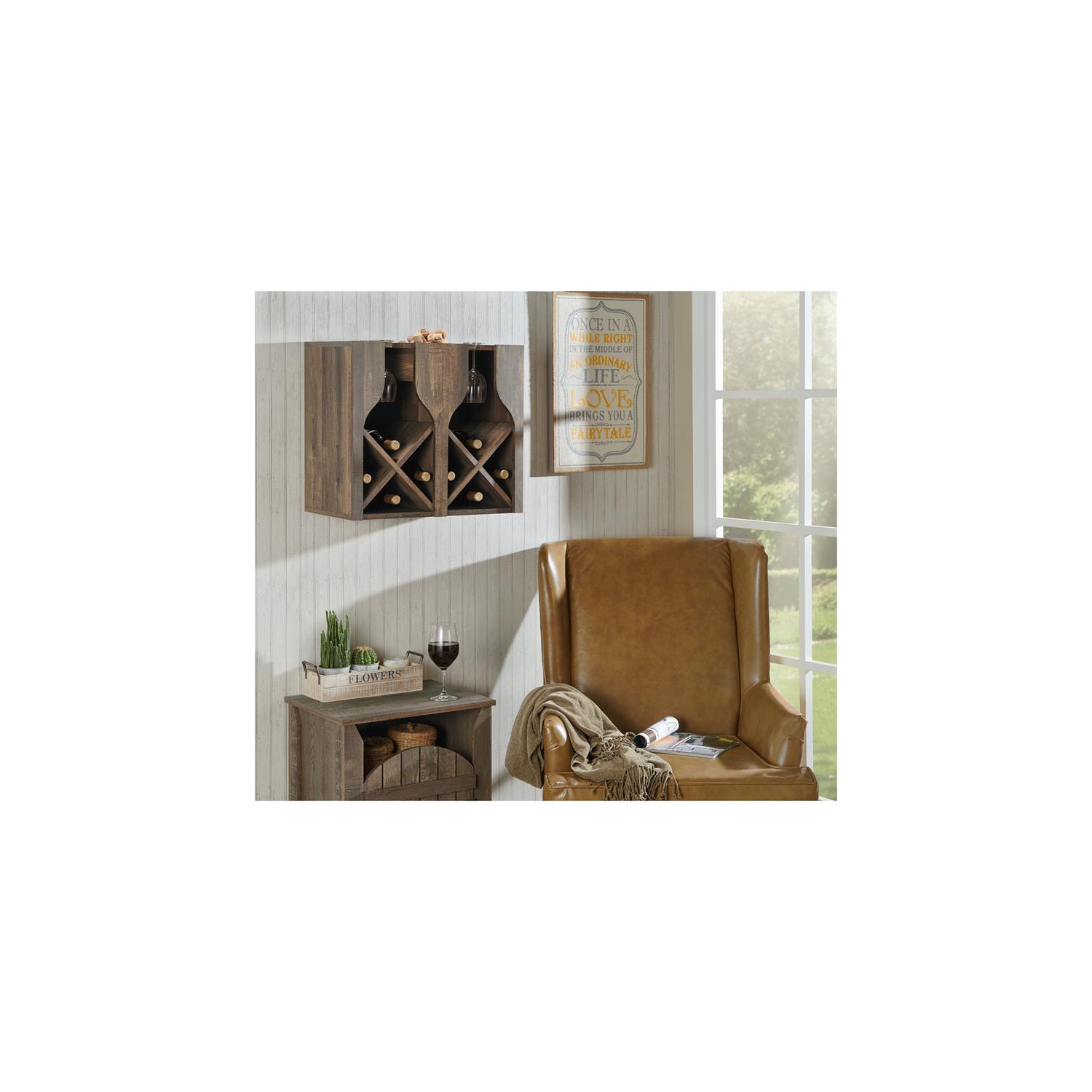 Furniture of America Sacha Wood 8-Bottle Hanging Wine Rack in Reclaimed Oak