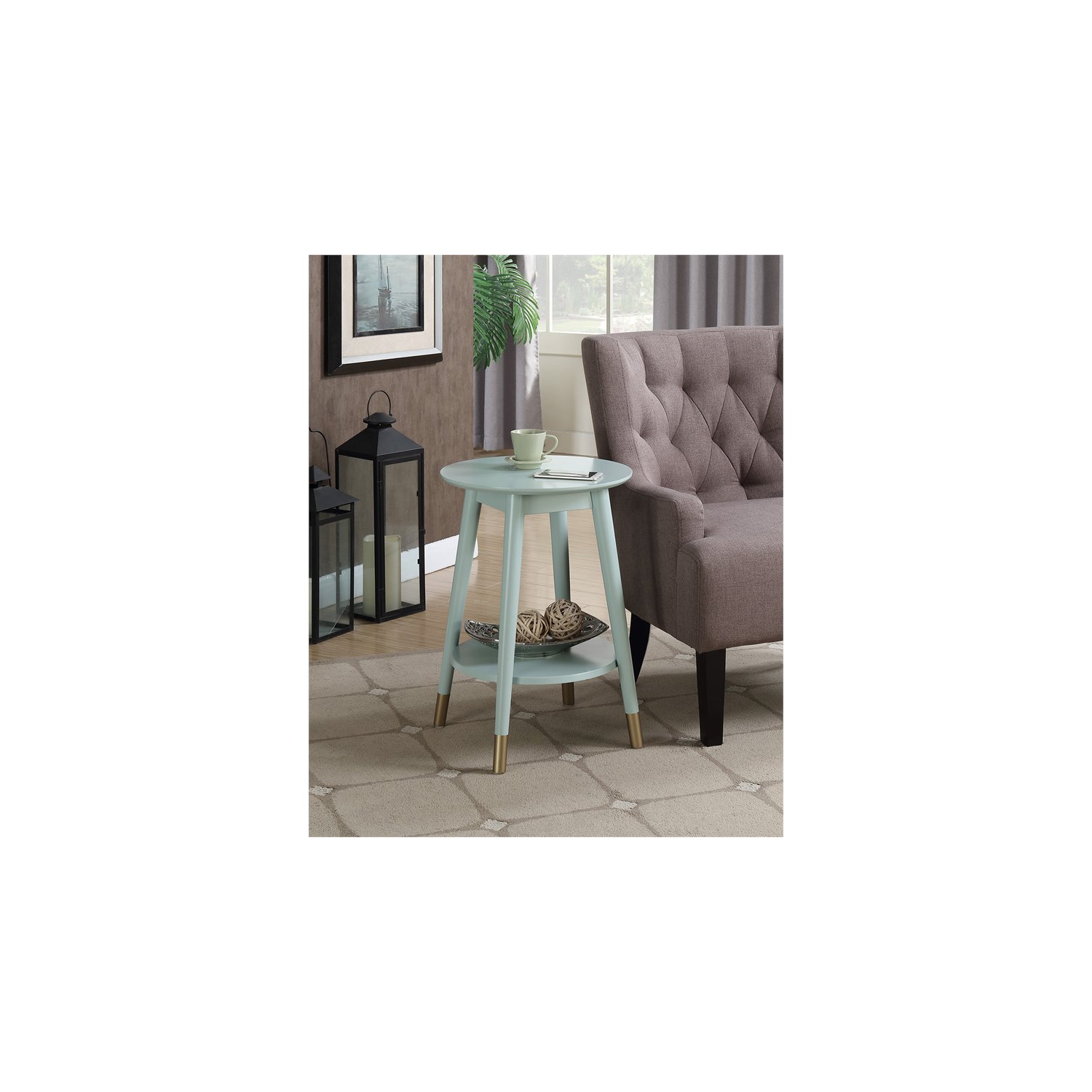 Pemberly Row Round End Table with Bottom Shelf in Sea Foam Green Wood