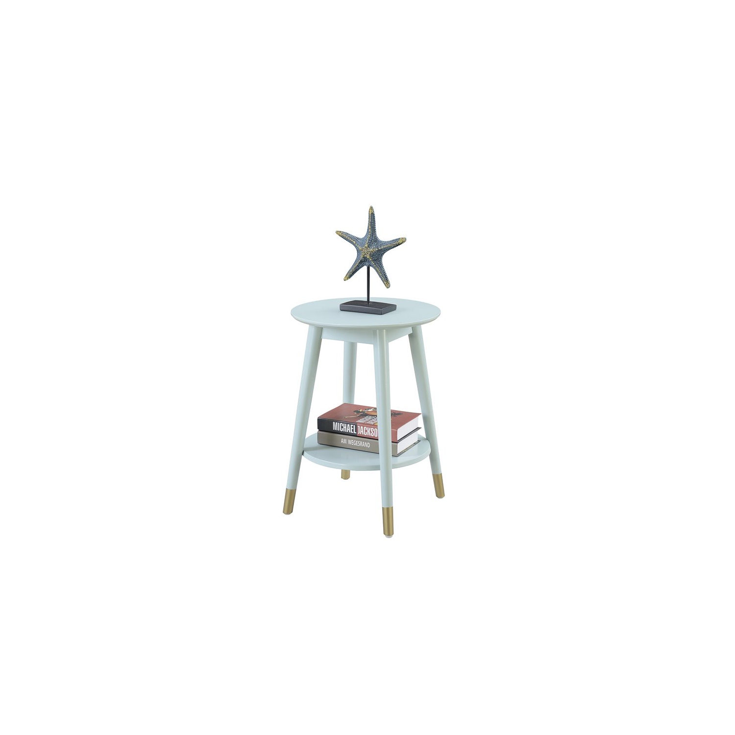 Pemberly Row Round End Table with Bottom Shelf in Sea Foam Green Wood