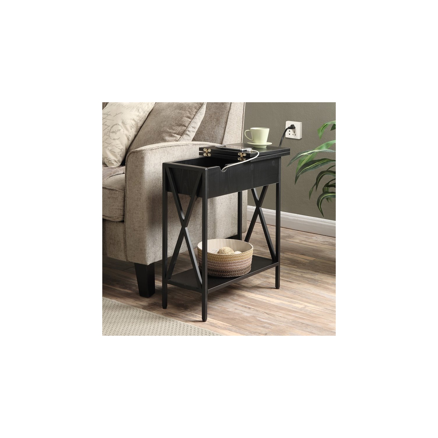 Pemberly Row Electric Flip Top Table in Black Wood Finish