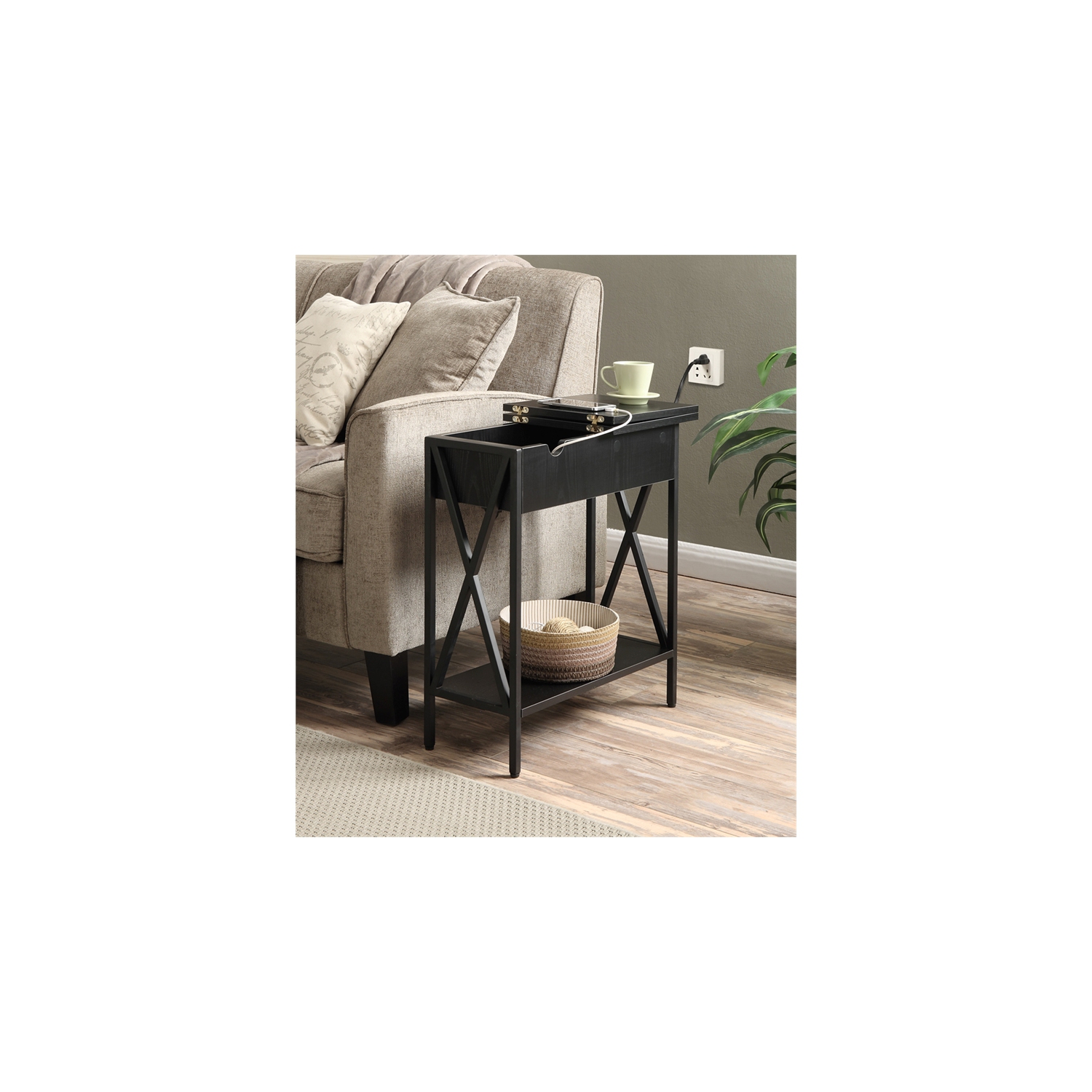 Pemberly Row Electric Flip Top Table in Black Wood Finish