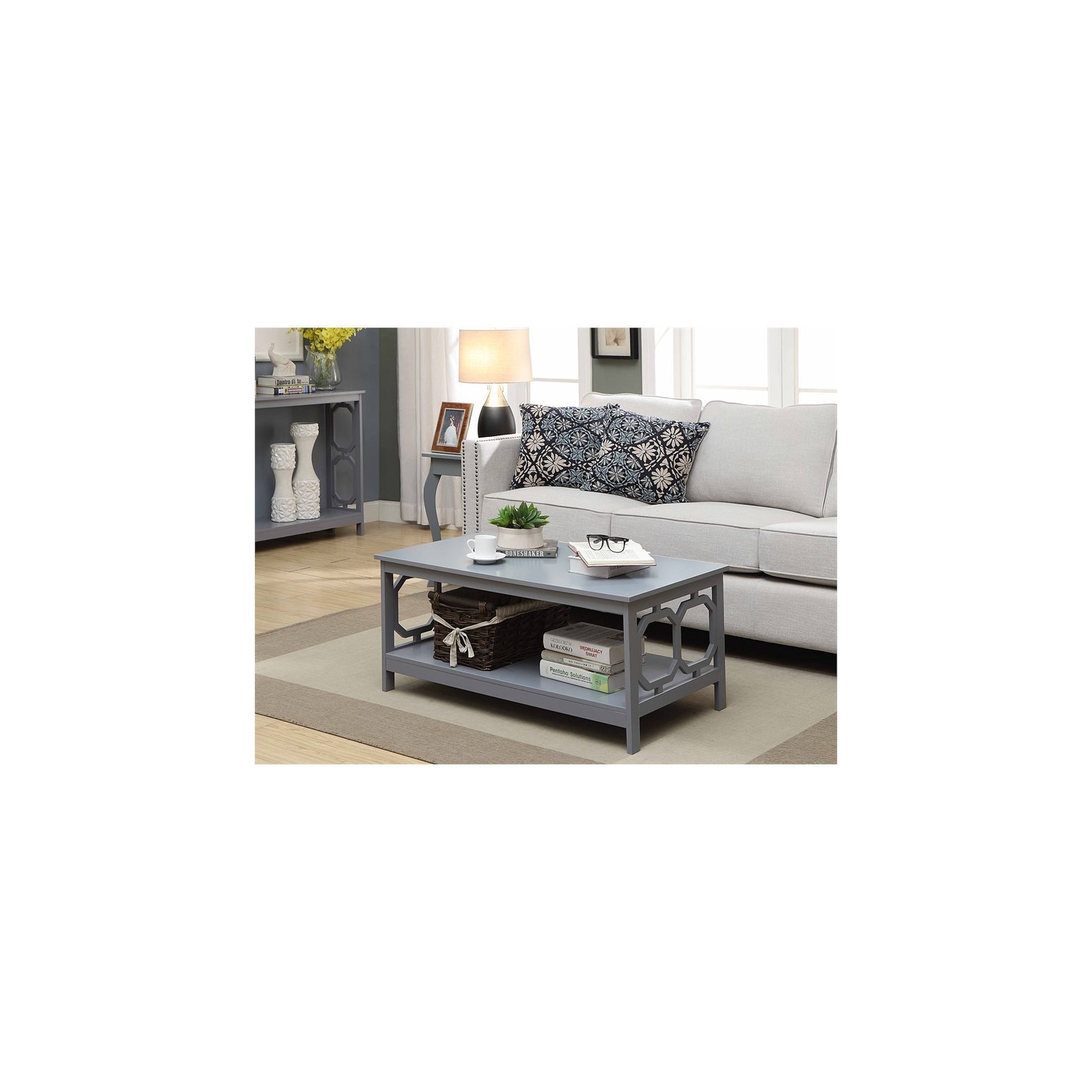 Pemberly Row Coffee Table in Gray Wood Finish with Shelf