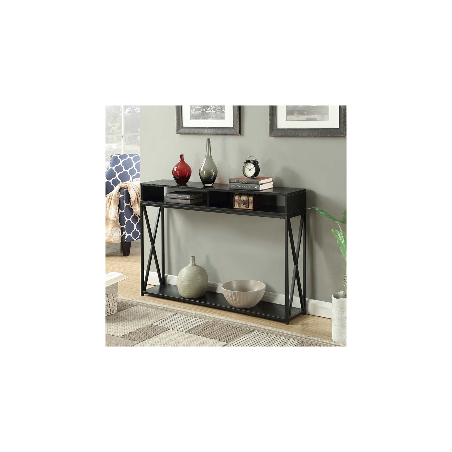 Pemberly Row Transitional Deluxe Two-Tier Console Table in Black Wood Finish