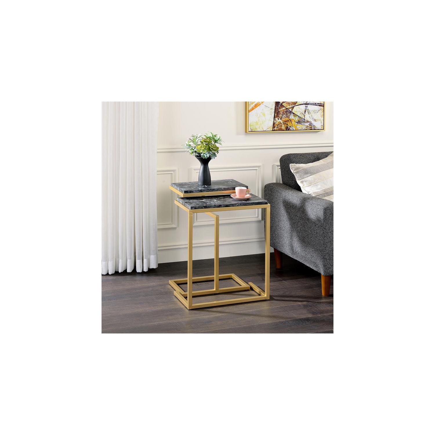 Furniture of America Gorvaire Contemporary Metal 2-Piece Nesting Table in Black
