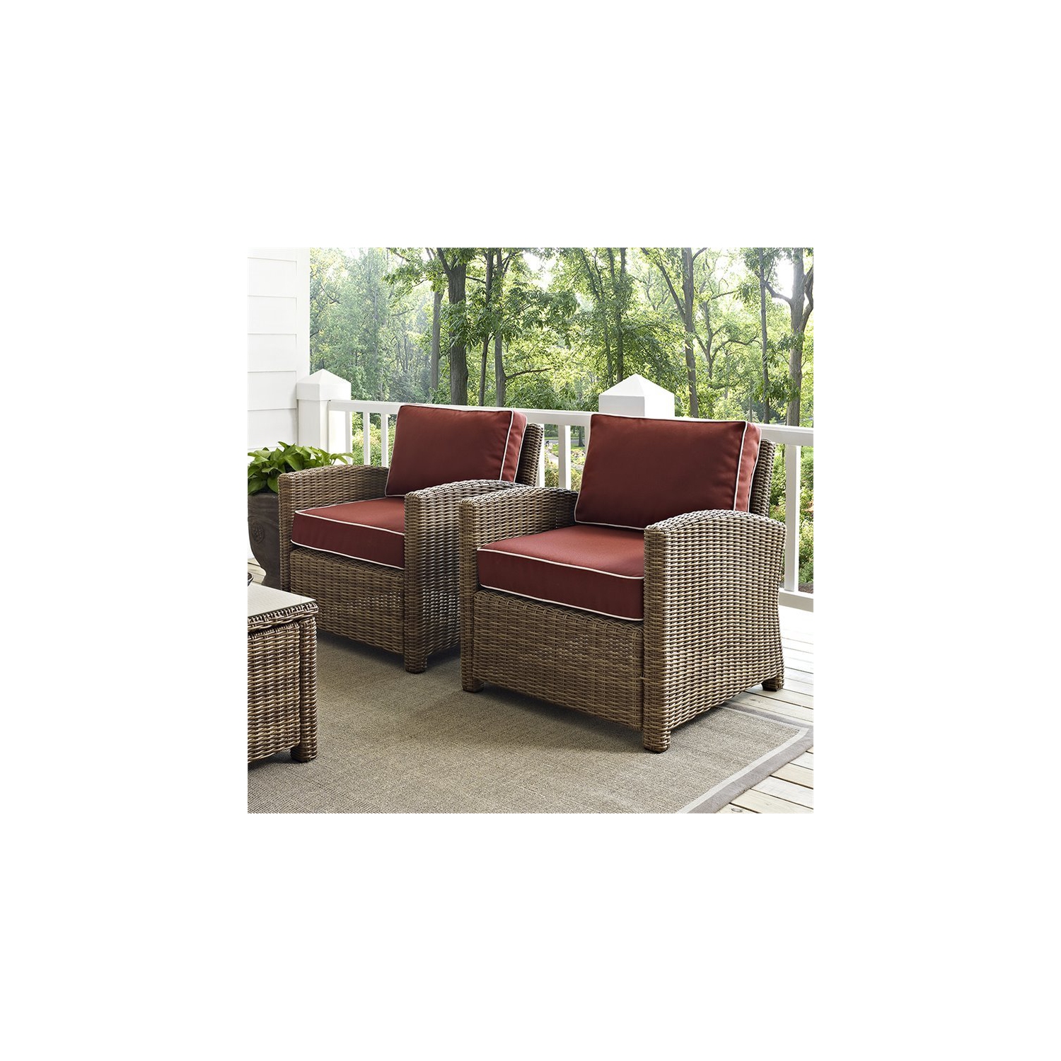 Pemberly Row 2 Piece Outdoor Wicker Seating Set with Sangria Cushions