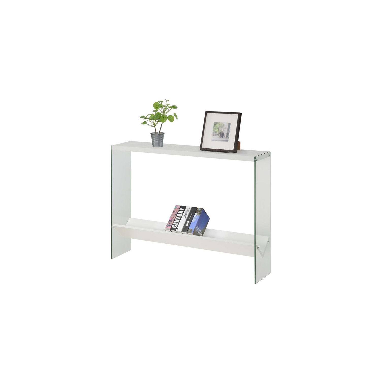 Pemberly Row Modern V Console Table with Shelf in White Wood Finish