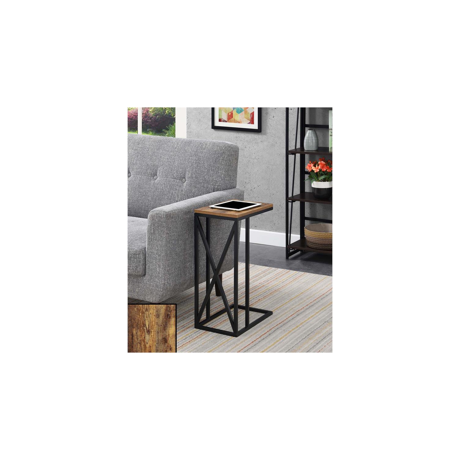 Convenience Concepts Tucson C End Table in Nutmeg Wood Finish and X Metal Frame