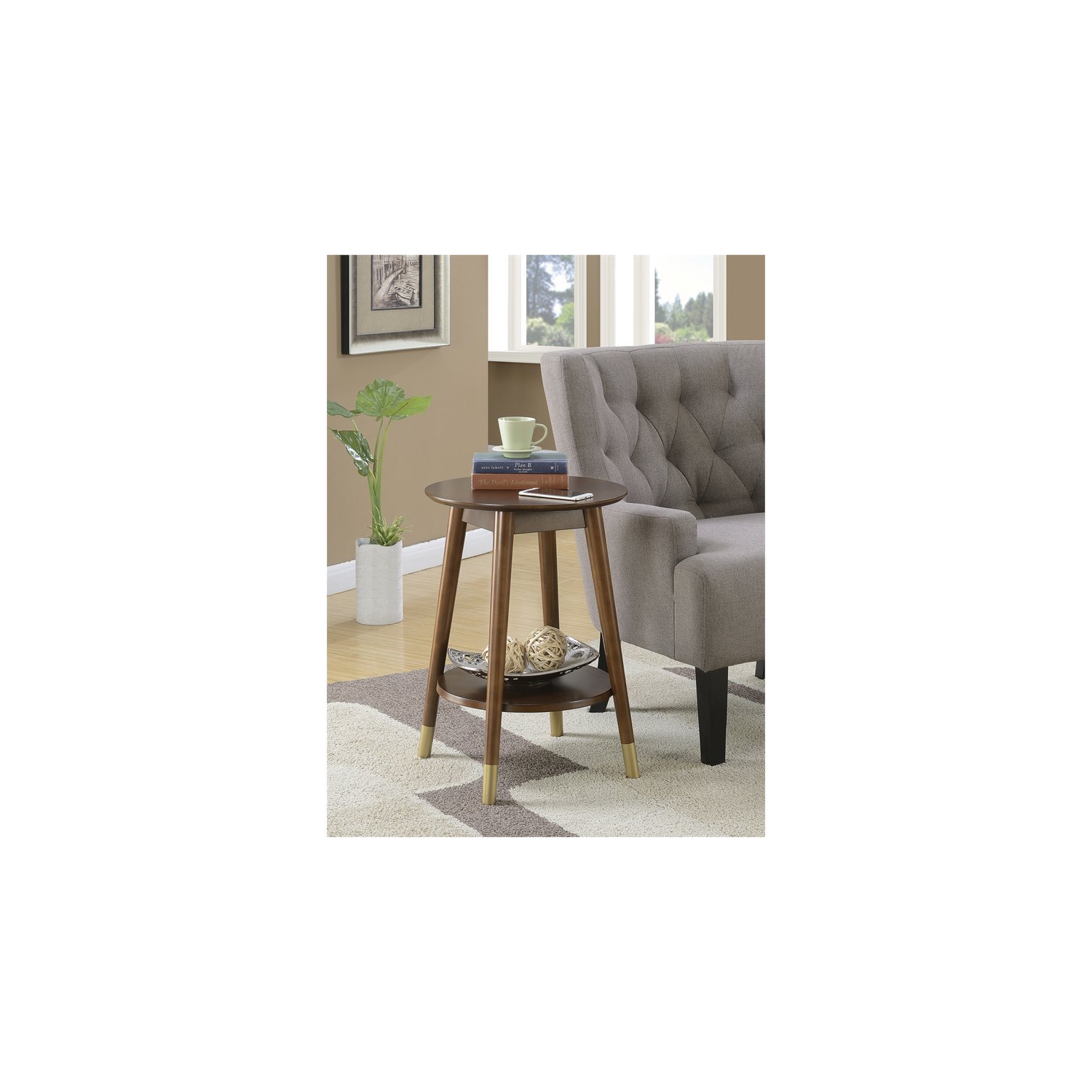 Wilson Mid-Century Round End Table with Bottom Shelf in Espresso Wood Finish