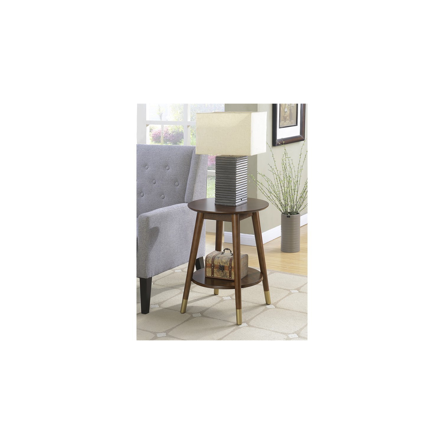 Wilson Mid-Century Round End Table with Bottom Shelf in Espresso Wood Finish