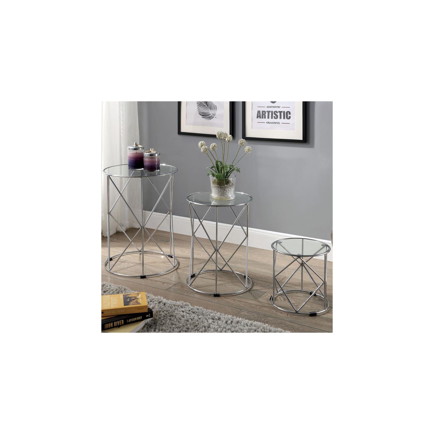 Furniture of America Nikova Glass Top 3-Piece Nesting Table Set in Silver