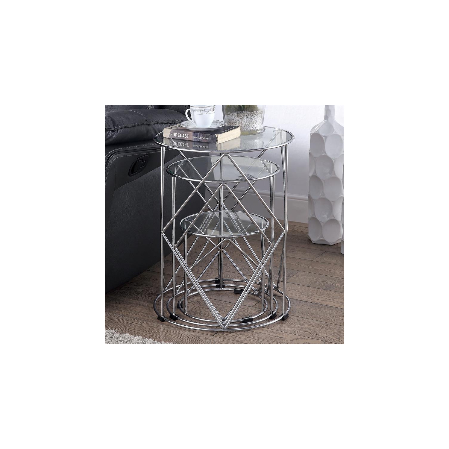 Furniture of America Nikova Glass Top 3-Piece Nesting Table Set in Silver