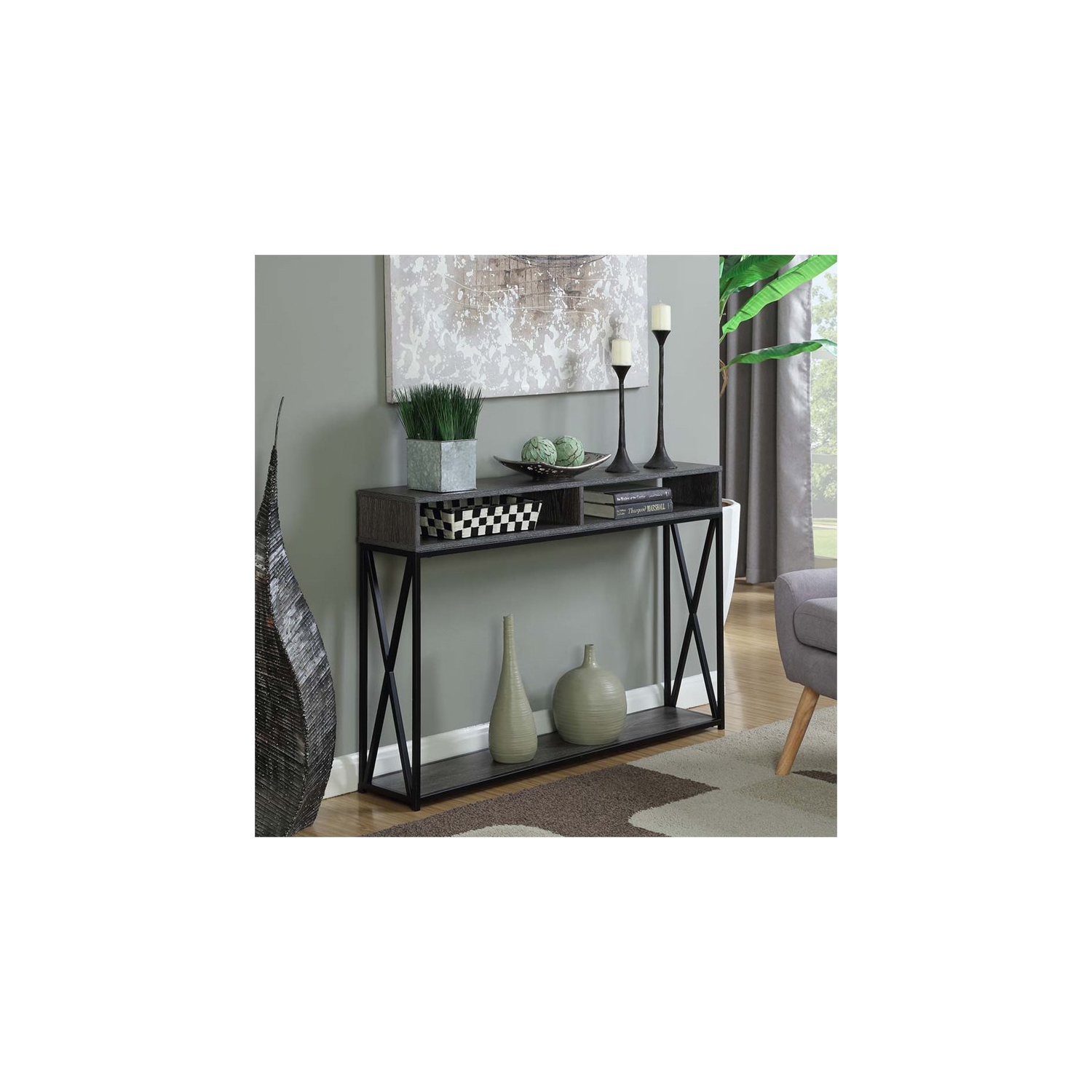 Pemberly Row Transitional Deluxe Two-Tier Console Table in Gray Wood Finish